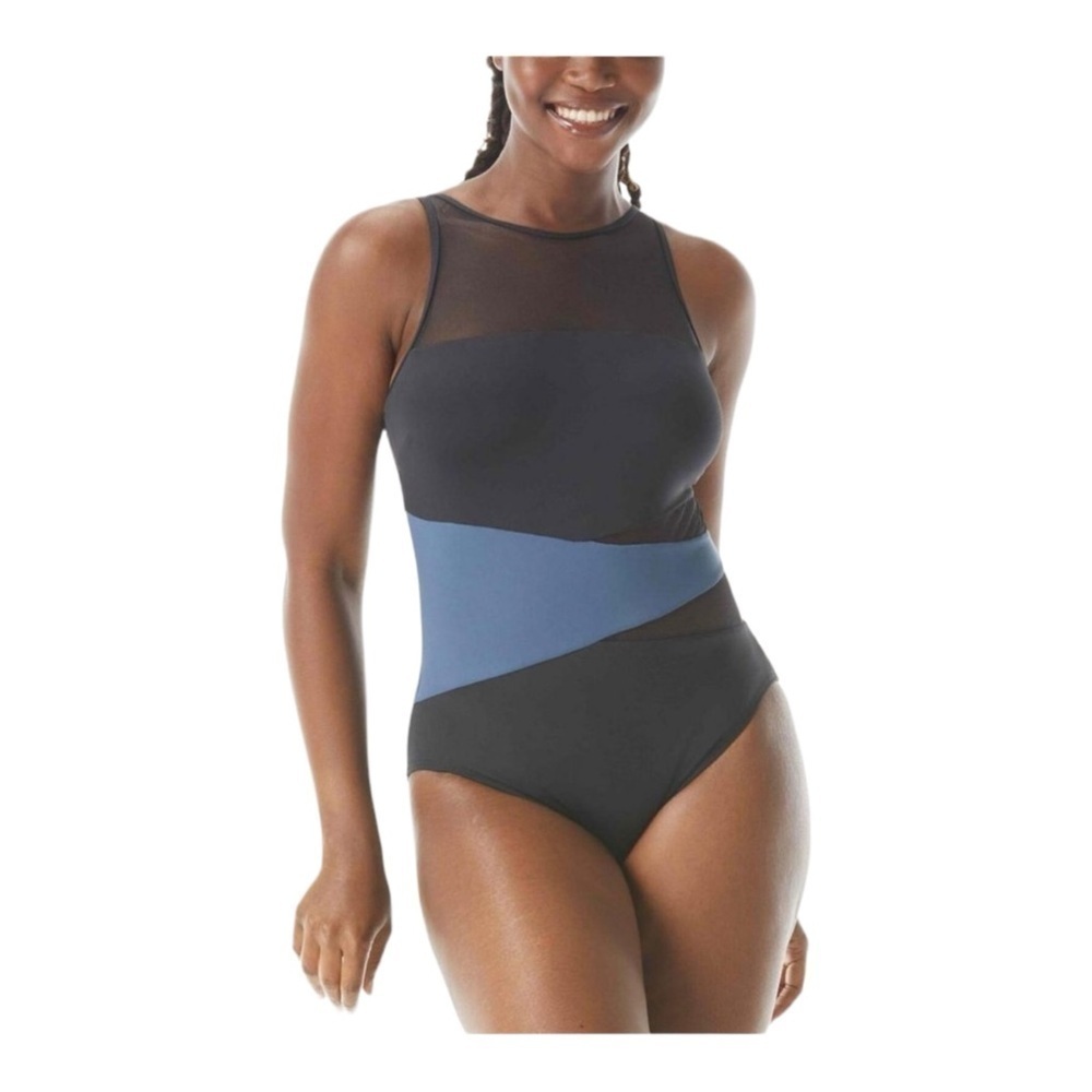 Coco Reef Keepsake Level Color-Block Mesh One-Piece Black/Blue NWT